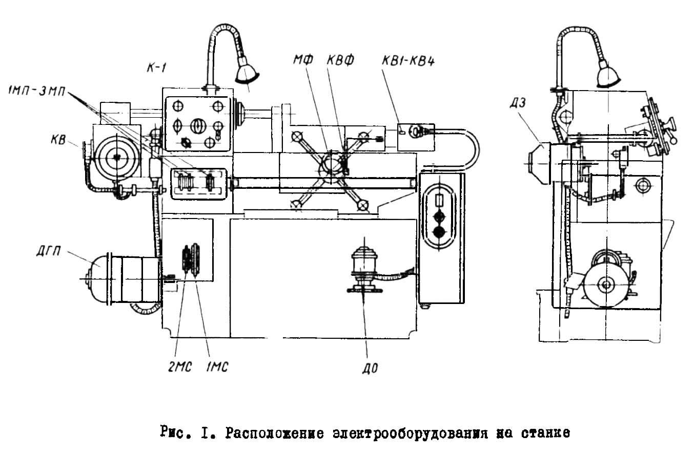 Схема розміщення електроустаткування токарно-револьверного верстата 1Г325 Схема розміщення електроустаткування токарно-револьверного верстата 1Г325